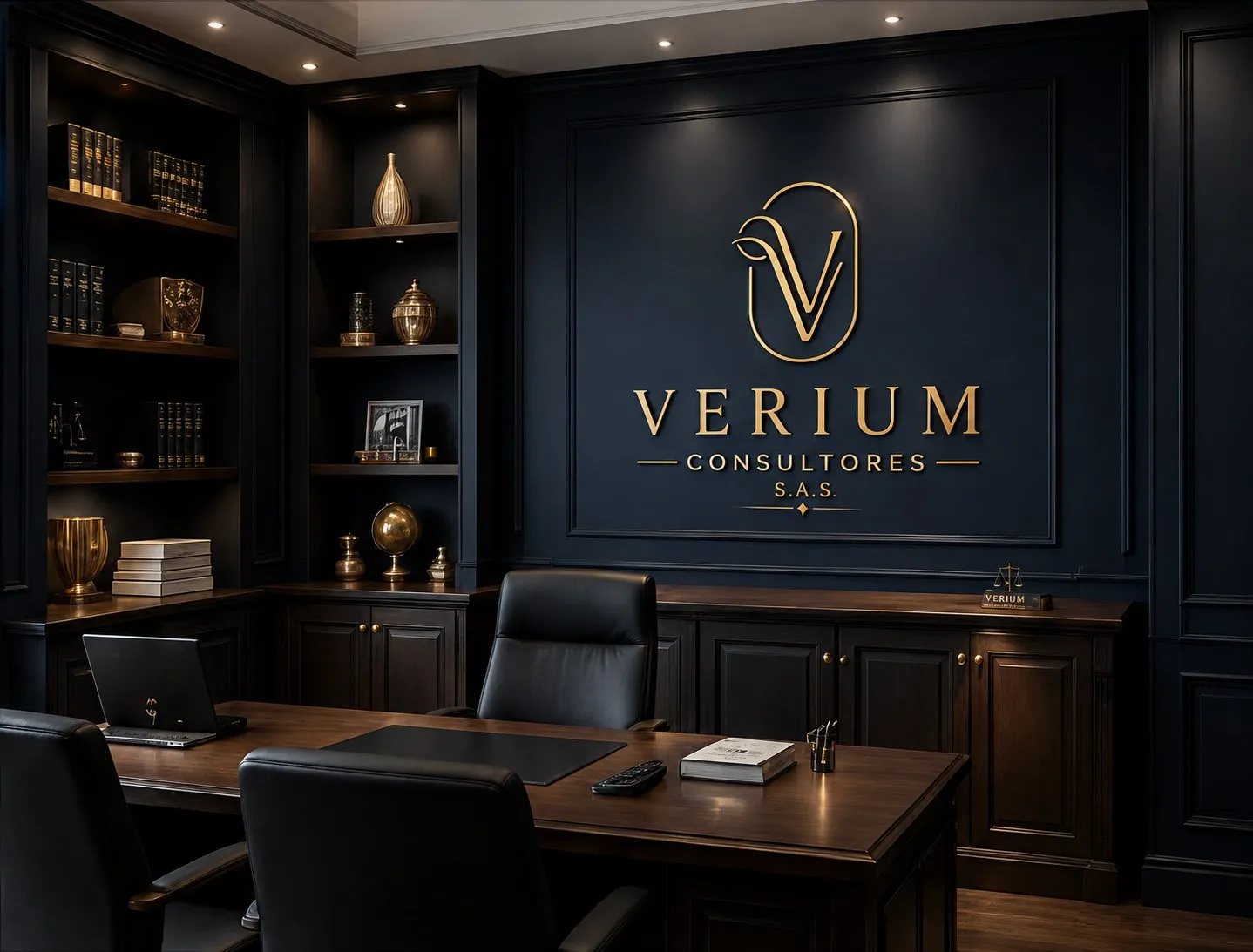 Oficina de Verium Consultores: pared azul marino con el logotipo dorado de la firma