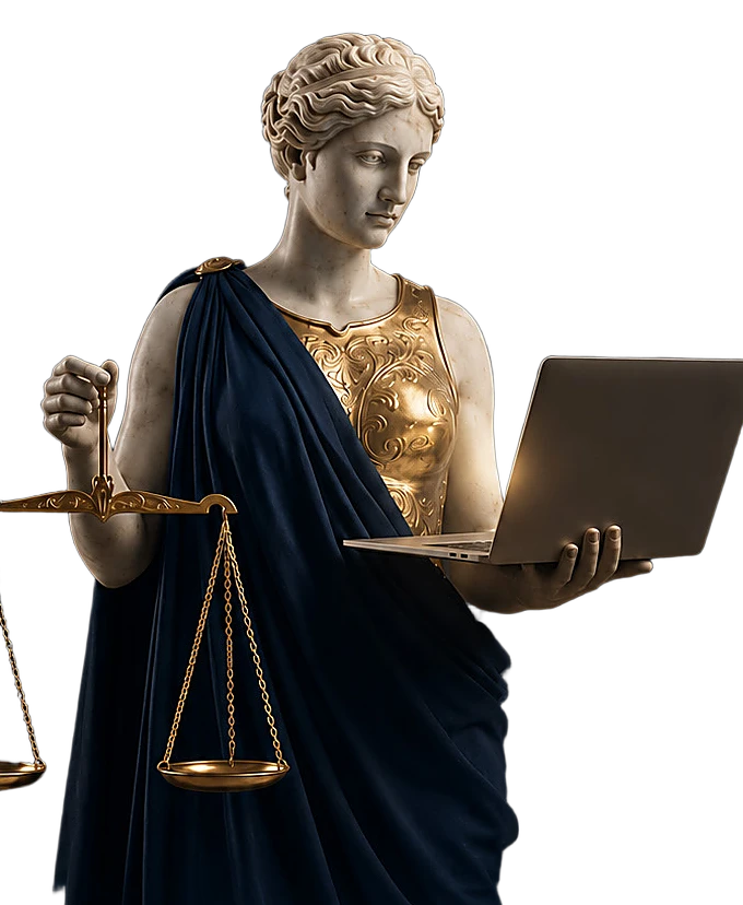Estatua de la diosa de la justicia sosteniendo una balanza y un portátil — tradición jurídica e innovación